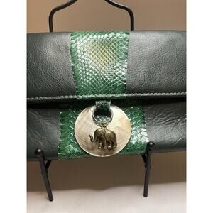 Muu Green Leather Croc Embossed Clutch With Elephant Charm Made In Portugal